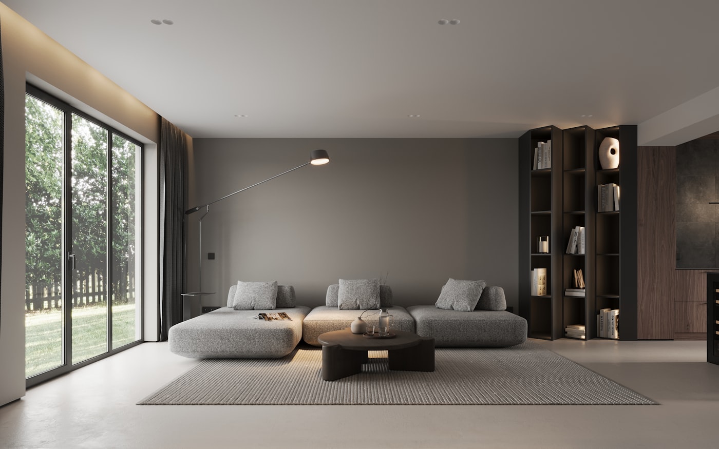Modern living room with floor to ceiling windows